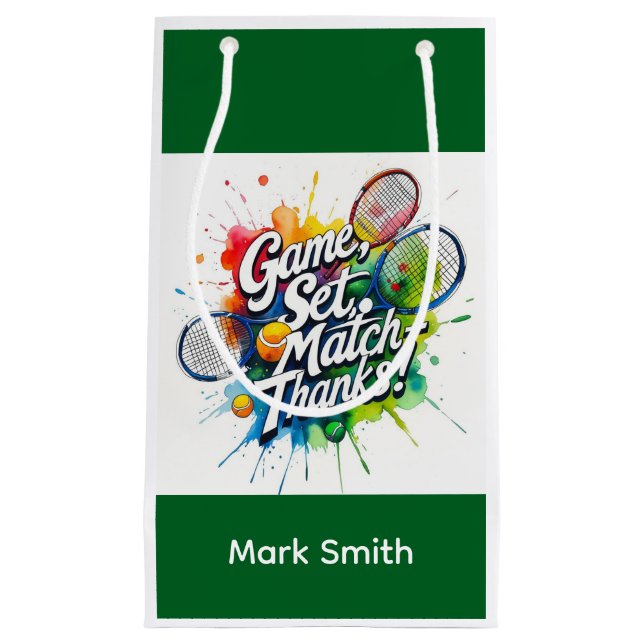 Tennis ball and racket on the court with name small gift bag (Front)