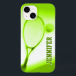 Tennis ball and racket sports green iphone case<br><div class="desc">Tennis sporting case for iphone.  Personalise this item with your name. This example reads Jennifer.  This original unique artwork was photographed and designed by Sarah Trett for www.mylittleeden.com</div>