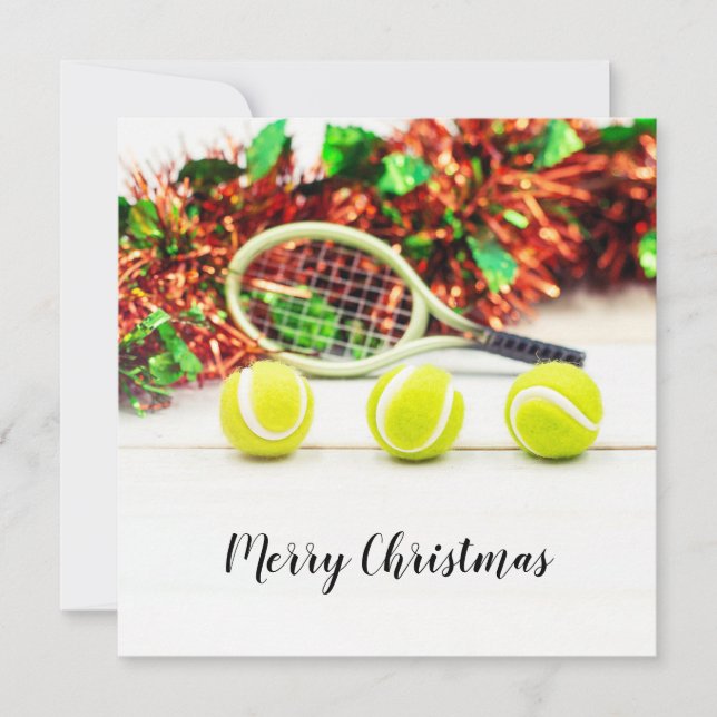 Tennis ball and racket with Christmas decoration Card (Front)