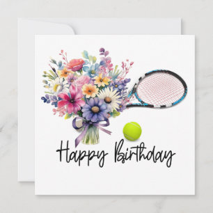 Tennis  ball and racket with flowers for Birthday Card