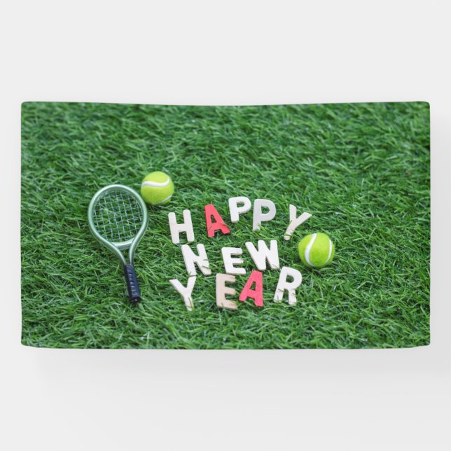 Tennis ball and racket with happy new year banner (Horizontal)