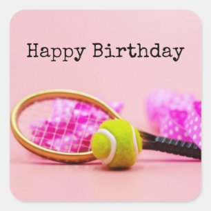 Tennis ball and racket with pink ribbon birthday  square sticker
