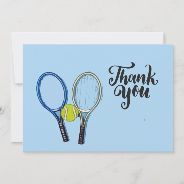 Tennis ball and  rackets on blue thank you card (Front)