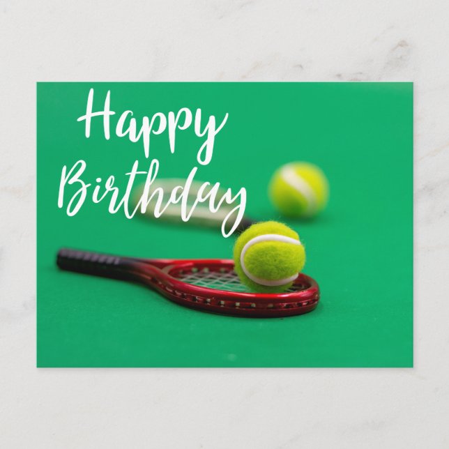Tennis ball and red racket on green Happy Birthday Postcard (Front)
