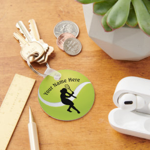 Tennis Ball and Silhouette of Female Player Key Ring