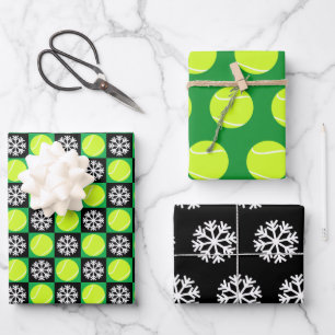 Tennis Ball and Snowflake Black & Green Christmas Wrapping Paper Sheet