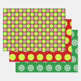 Tennis Ball and Snowflake Red and Green Christmas Wrapping Paper Sheet