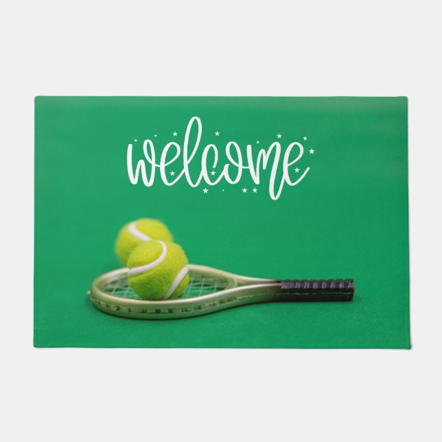 Tennis ball are on green grass welcome  doormat (Front)