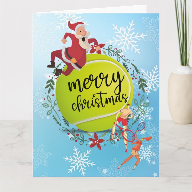 Tennis Ball behind Santa Claus Merry Christmas   Card (Front)