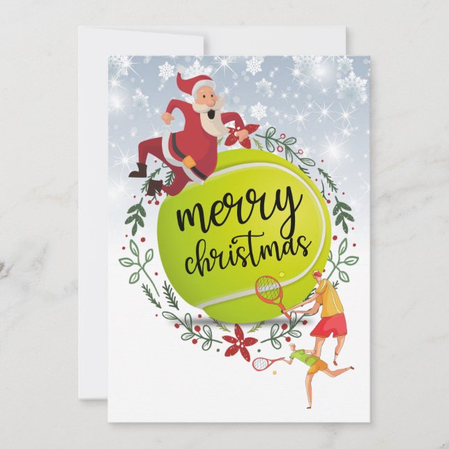 Tennis Ball behind Santa Claus Merry Christmas Holiday Card (Front)