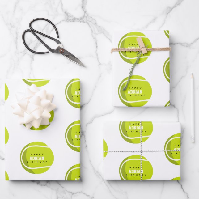 Tennis Ball Birthday Party Custom Name Wrapping Paper Sheet (Front)
