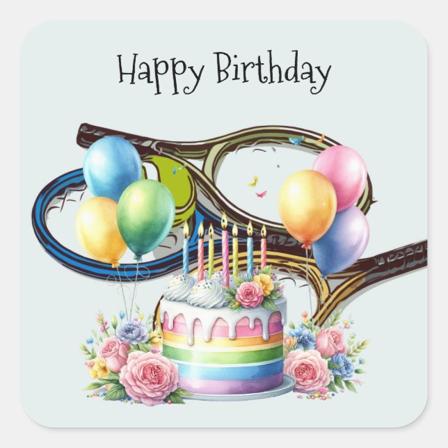 Tennis ball birthday with racket   square sticker (Front)