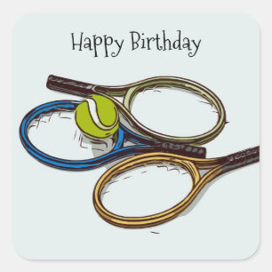 Tennis ball birthday with racket square sticker