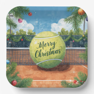 Tennis Ball Christmas on Court Background Paper Plate