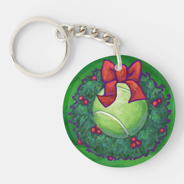 Tennis Ball Christmas Wreath on Green Key Ring (Front)