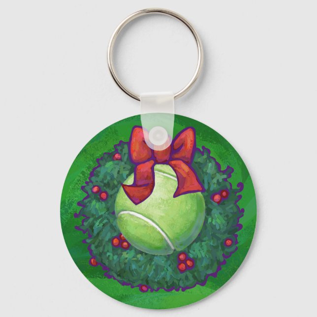 Tennis Ball Christmas Wreath on Green Key Ring (Front)