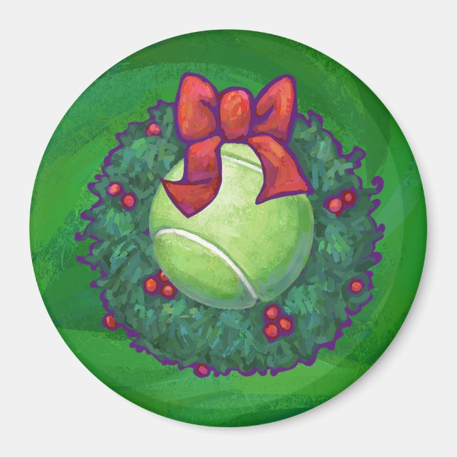 Tennis Ball Christmas Wreath on Green Magnet (Front)
