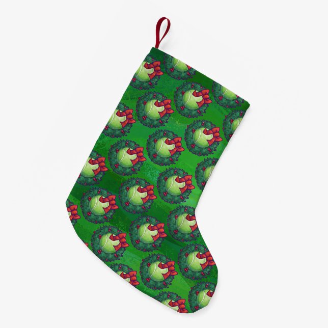 Tennis Ball Christmas Wreath Pattern on Green Small Christmas Stocking (Front (Hanging))