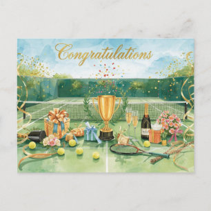 Tennis ball congratulations on green postcard