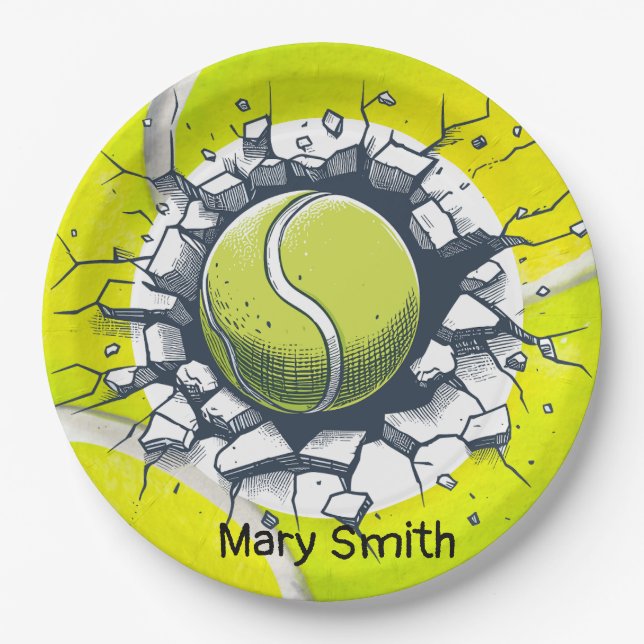 Tennis ball cracking wall with name paper plate (Front)