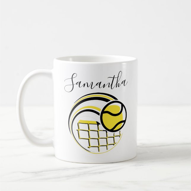 Tennis Ball Flying Over the Net Personalised Sport Coffee Mug (Left)