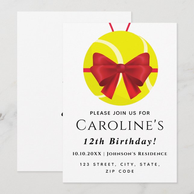 Tennis Ball Gift Red Bow Celebrate Birthday Party  Invitation (Front/Back)