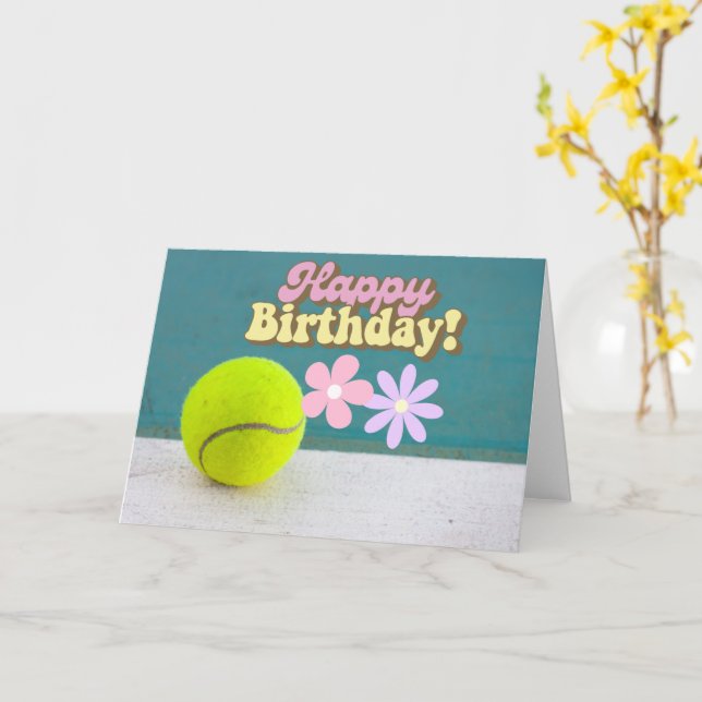 Tennis ball Happy Birthday with Flowers Card (Yellow Flower)