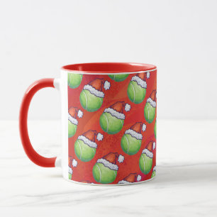 Tennis Ball in Santa Hat Pattern on Red Mug