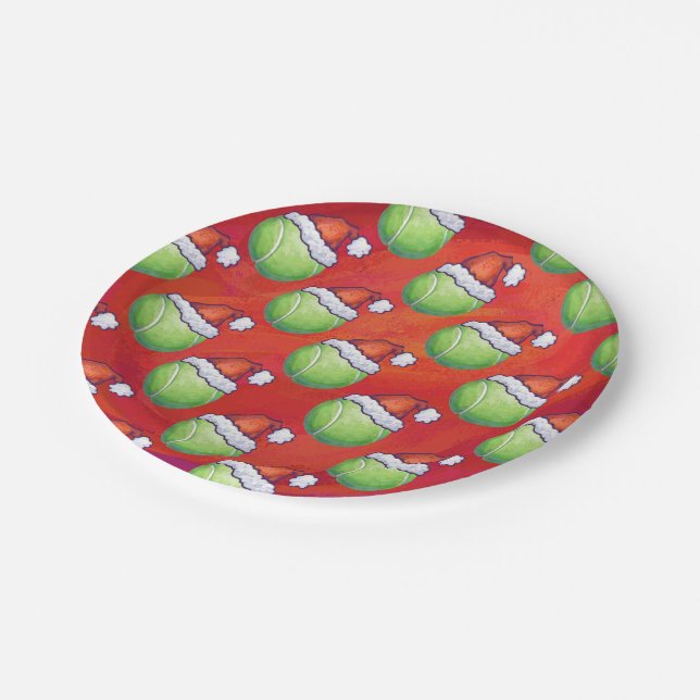 Tennis Ball in Santa Hat Pattern on Red Paper Plate (Angled)