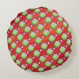 Tennis Ball in Santa Hat Pattern on Red Round Cushion