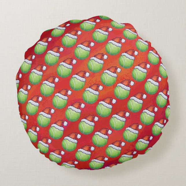Tennis Ball in Santa Hat Pattern on Red Round Cushion (Back)