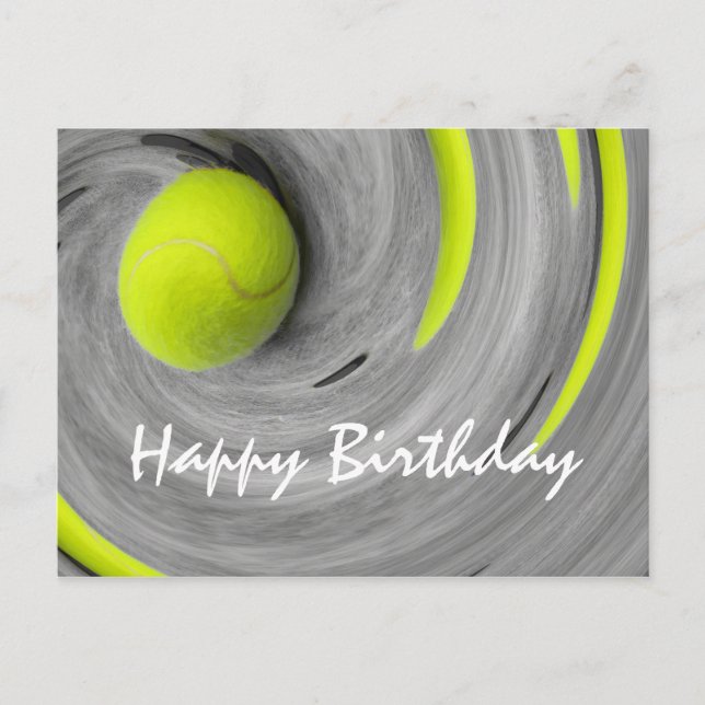 Tennis ball in spinning on the court birthday postcard (Front)