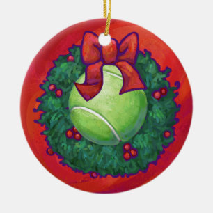 Tennis Ball in Wreath on Red Ceramic Tree Decoration