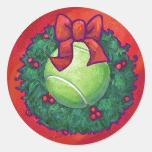 Tennis Ball in Wreath on Red Classic Round Sticker