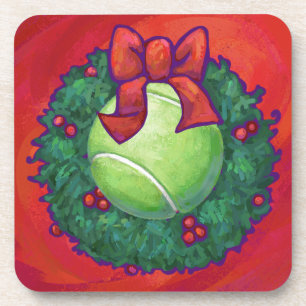 Tennis Ball in Wreath on Red Coaster