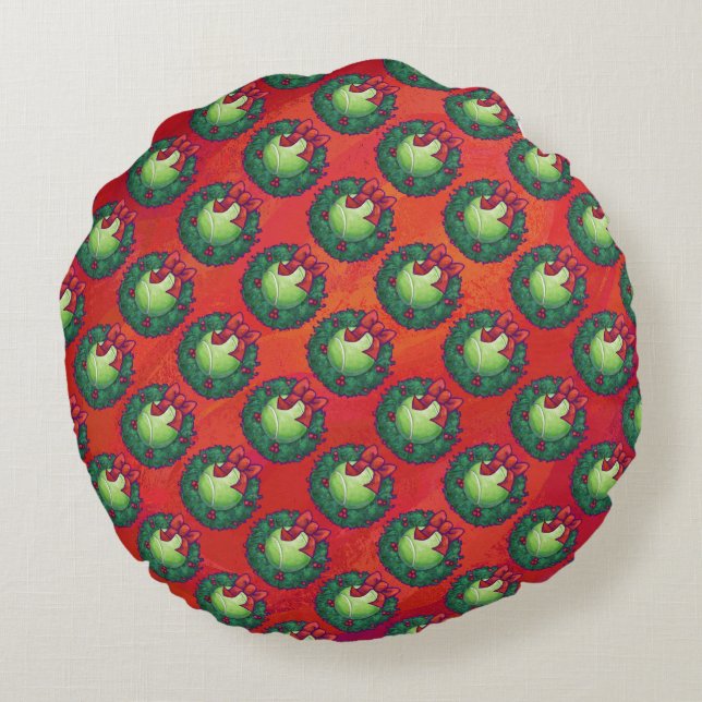 Tennis Ball in Wreath on Red Round Cushion (Back)
