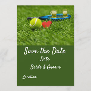 Tennis ball is on green grass with love wedding invitation