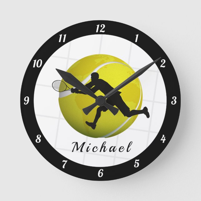 Tennis Ball & Male Player Silhouette Coach Name Round Clock (Front)