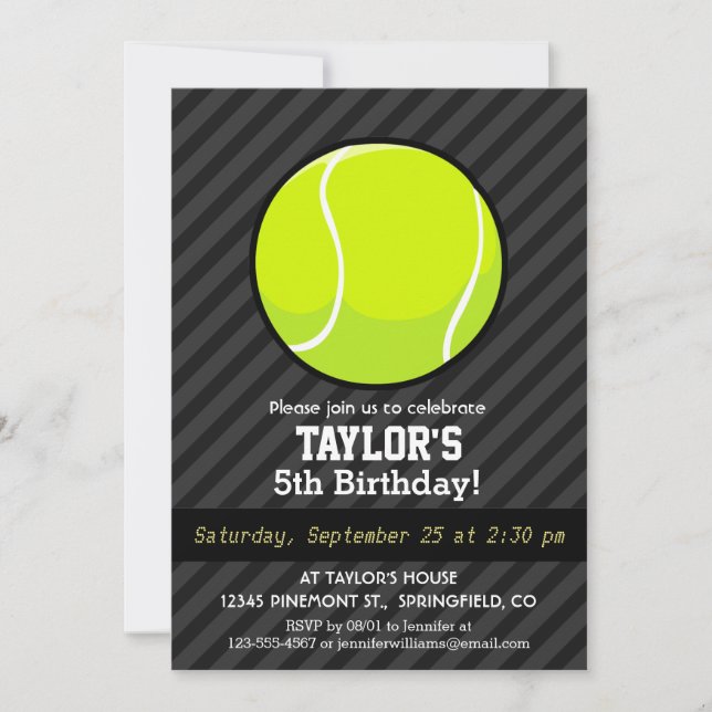 Tennis Ball on Black & Dark Grey Stripes Invitation (Front)