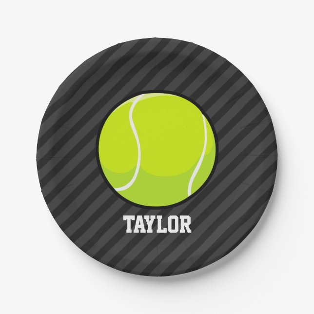 Tennis Ball on Black & Dark Grey Stripes Paper Plate (Front)