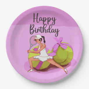 Tennis ball on pink Happy Birthday Woman Player   Paper Plate