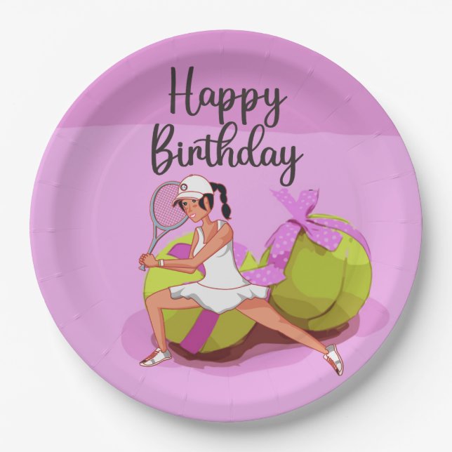 Tennis ball on pink Happy Birthday Woman Player   Paper Plate (Front)