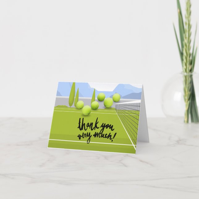Tennis ball on tennis court background thank you card (Front)