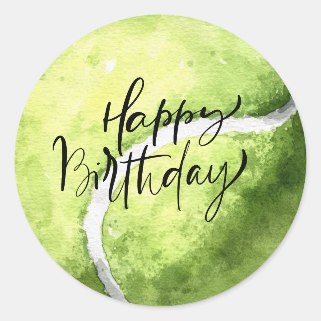 Tennis ball on yellow  Happy Birthday  Classic Round Sticker (Front)