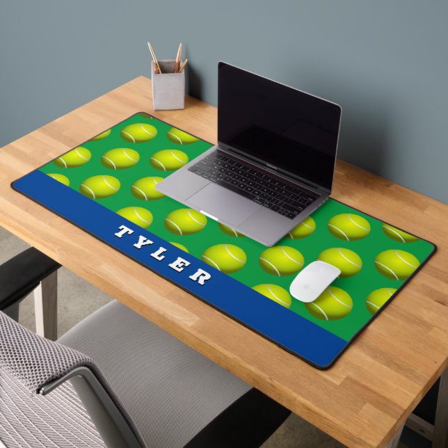 Tennis Ball Pattern, Bold White Name, Blue & Green Desk Mat (Office 2)