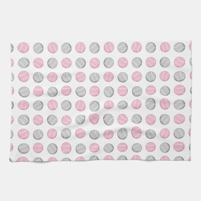 Tennis Ball Pattern Pink and Grey Tea Towel (Horizontal)