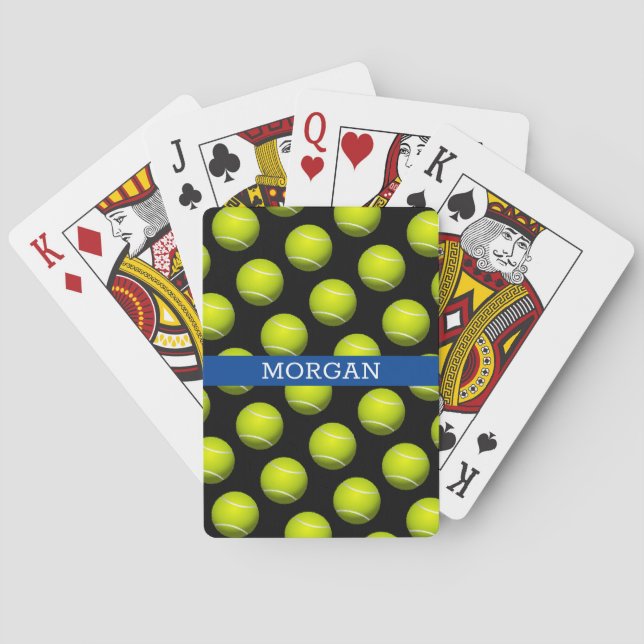 Tennis Ball Pattern, White Name, Blue & Black Playing Cards (Back)