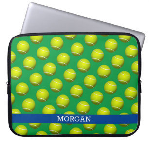 Tennis Ball Pattern, White Name, Blue & Green Laptop Sleeve