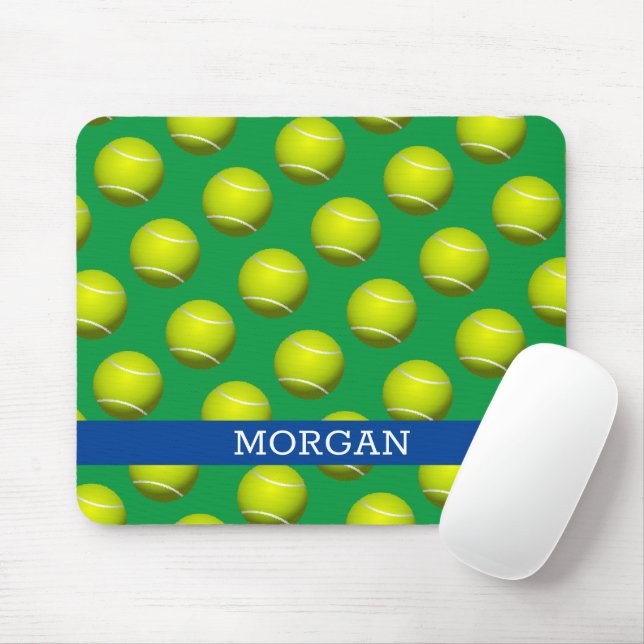 Tennis Ball Pattern, White Name, Blue & Green Mouse Mat (With Mouse)