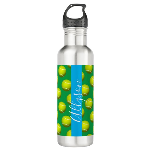 Tennis Ball Pattern, White Name, Sky Blue & Green 710 Ml Water Bottle (Front)